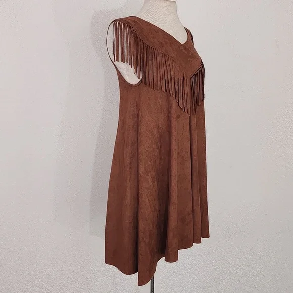 Tasha Polizzi Dress Fringed Faux Suede Western Cowgirl Brown Size S - Picture 4 of 12